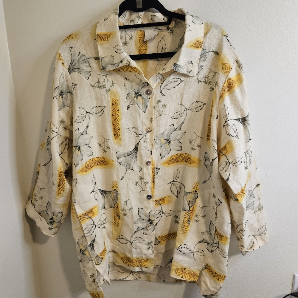 100% Linen Floral Vintage Hawaiian Button Down Shirt Size M/L